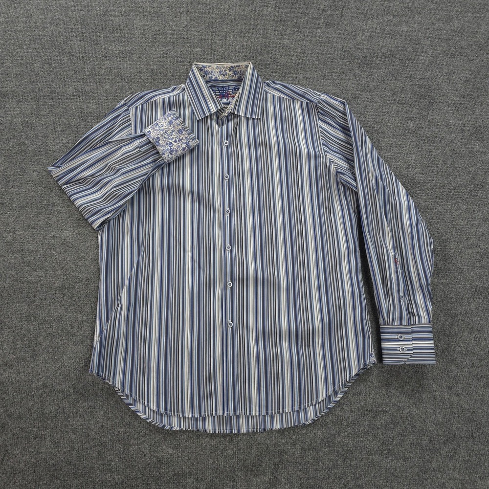 Robert Graham Shirt Mens M Blue Stripe Floral Contrast Flip Cuff Casual Preppy‎ - Picture 2 of 14